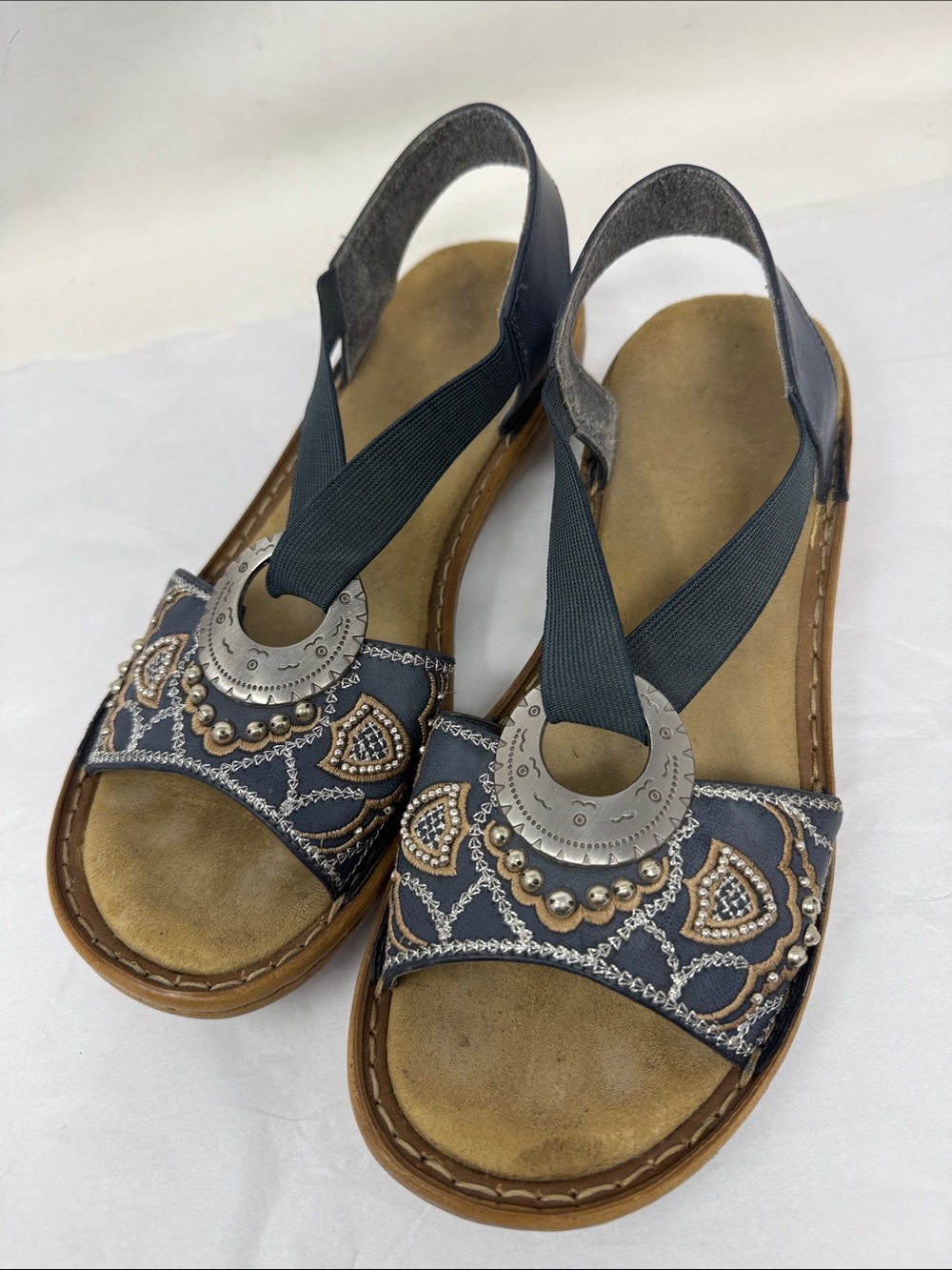 Rieker Regina Slingback Sandals Blue embroidered beaded Comfy Travel Boho Artsy